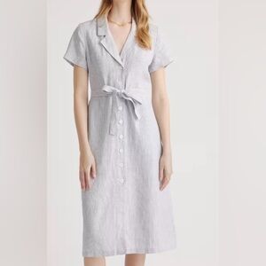 NWT Quince 100% European Linen Button Front Dress Color Blue Pinstripe Size S